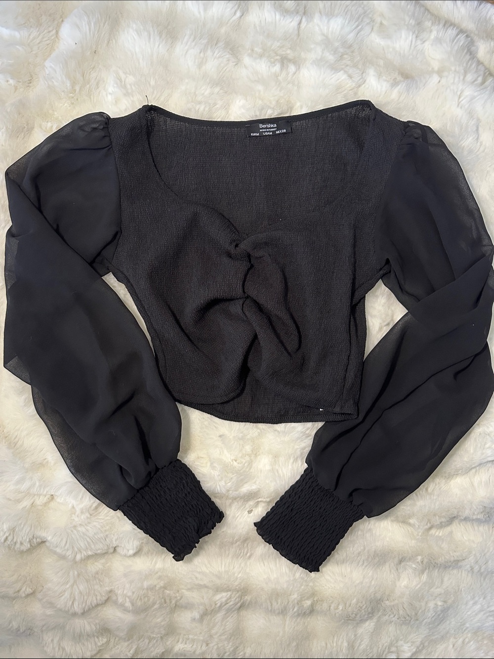 Bershka Black Sheer-Puff Long Sleeve Knot Top